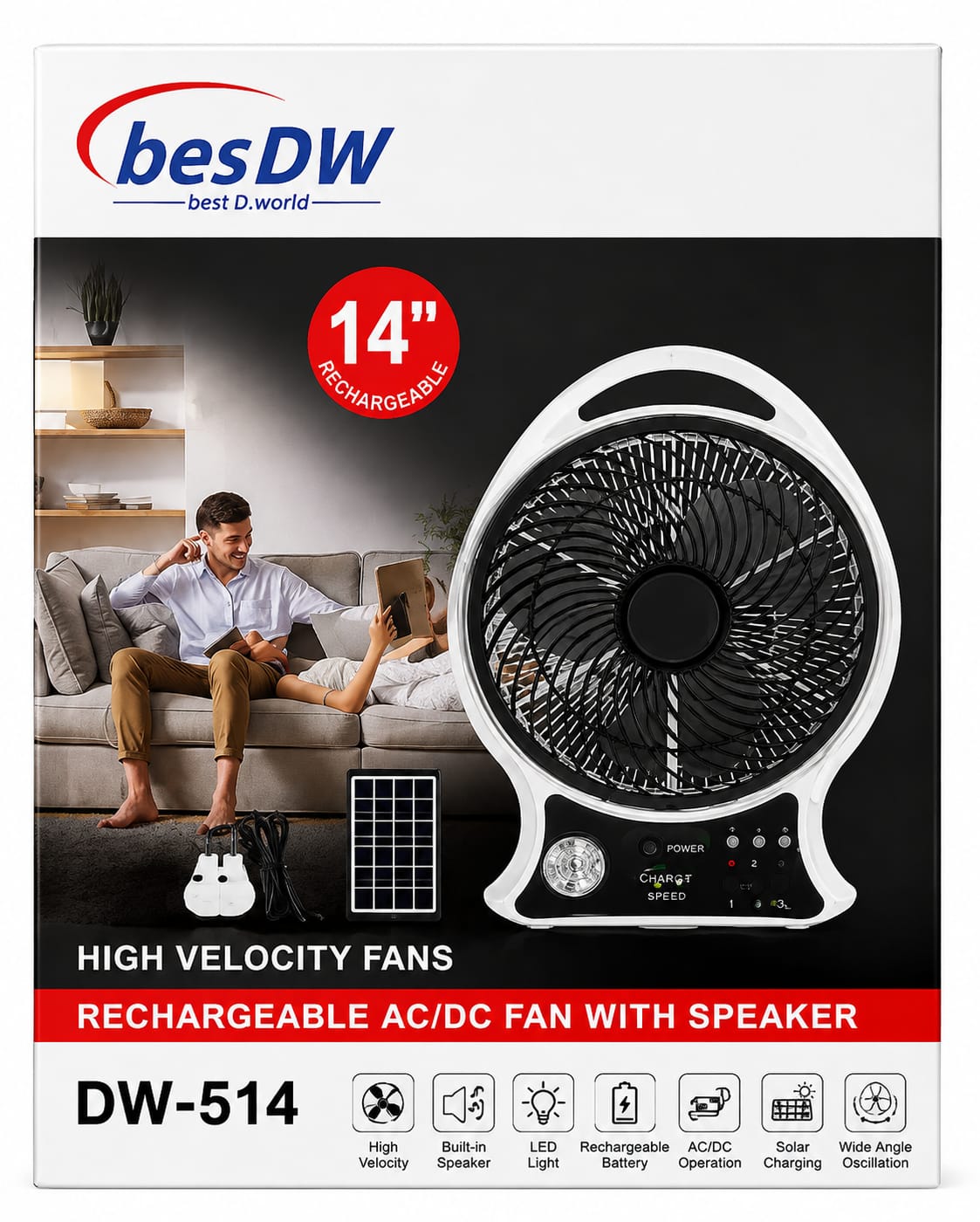 D.World 14 Inch Rechargeable Desk Fan with Speaker